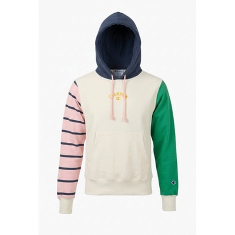 Champion Reverse Weave Hoodie Mens XS Cream Green Pink Stripe Colorblock Fleece